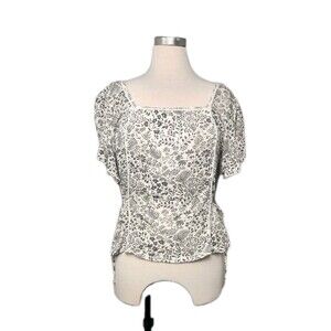 Lucky Brand Floral Paisley Blouse Womens M Gray Boho Tie Sides Lace Cottagecore